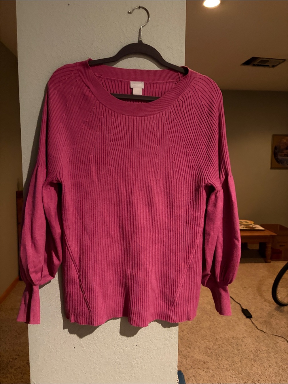 Chico's Ribbed Bubble-Sleeve Crewneck Sweater - Fuchsia